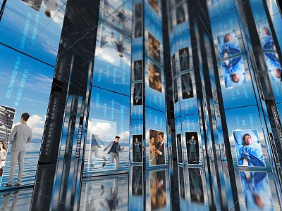 Modern Exhibition Hall With Multiple Large Screens Displaying People And Landscapes On Reflective Floors 3d model