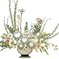 Elegant Floral Arrangement in White Ceramic Vase with Roses Daisies and Green Foliage