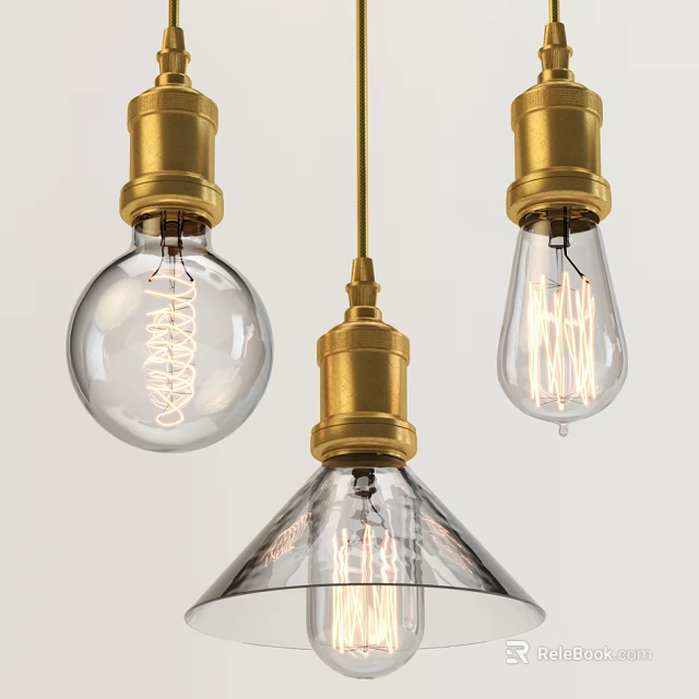 Vintage Brass Pendant Light With Clear Glass Shades And Spiral Filament Bulbs 3d model 