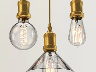 Vintage Brass Pendant Light With Clear Glass Shades And Spiral Filament Bulbs 3d model