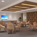 Cozy Relaxation Area Interior With Wooden Bookshelves Tables Chairs TV And Plants