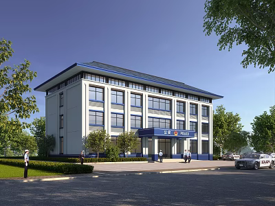 Modern Multi story Office Building With White Exterior Blue Roof And Trees Around Entrance 3d model