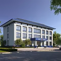 Modern Multi story Office Building With White Exterior Blue Roof And Trees Around Entrance