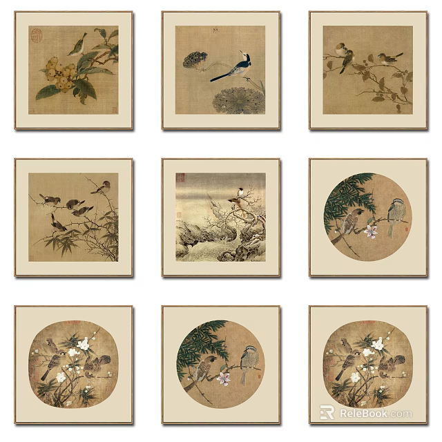 Traditional Bird And Plant Art Prints With Framed Wall Decor In Classic Style 3d model 