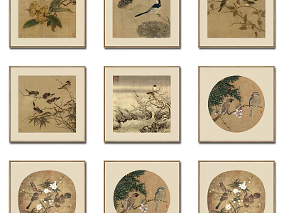 Traditional Bird And Plant Art Prints With Framed Wall Decor In Classic Style 3d model