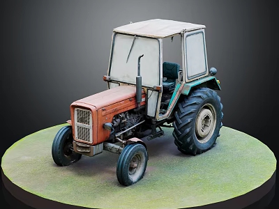 Old Orange Green Tractor Model With Large Tires On Green Circular Base 3d model