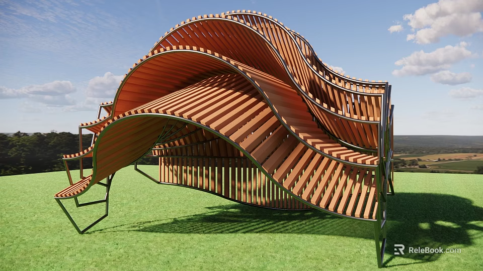 Wave Shaped Wooden Architectural Structure On Green Grass Under Blue Sky 3d model