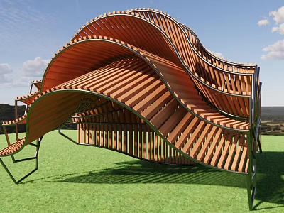 Wave Shaped Wooden Architectural Structure On Green Grass Under Blue Sky 3d model