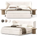 Modern Upholstered Double Bed With Soft Pillows Throw Blanket Wooden Side Table And Color Options