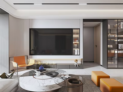 Modern Living Dining Room With Open Layout Large TV Marble Coffee Table And Orange Seating 3d model