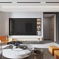 Modern Living Dining Room With Open Layout Large TV Marble Coffee Table And Orange Seating