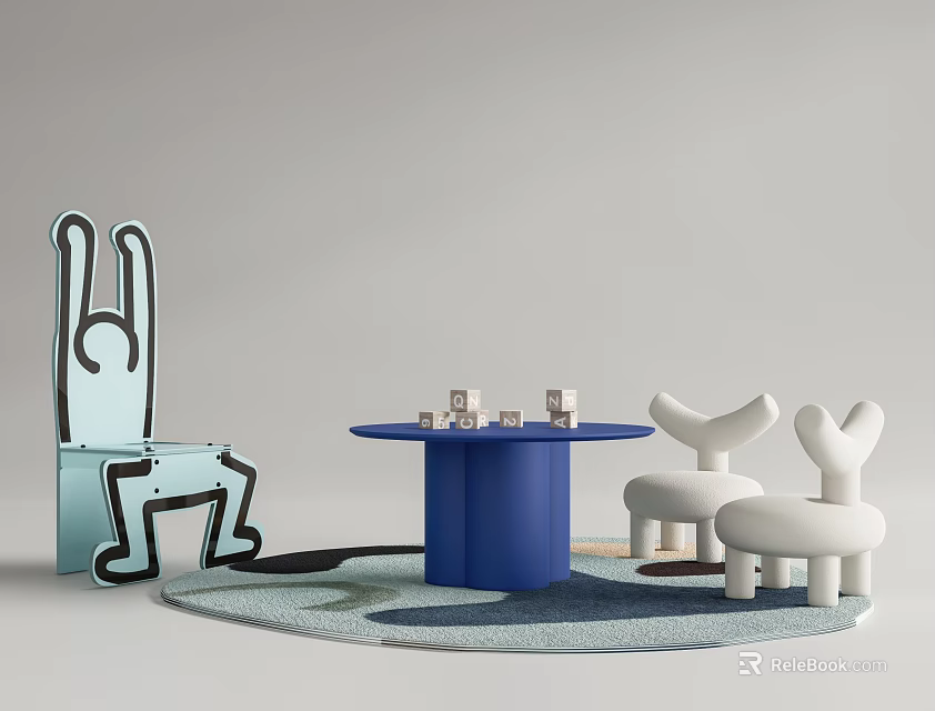 Kids Table with Blue Round Top and White Rabbit Shaped Chairs and Building Blocks 3d model 
