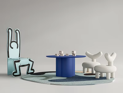 Kids Table with Blue Round Top and White Rabbit Shaped Chairs and Building Blocks 3d model