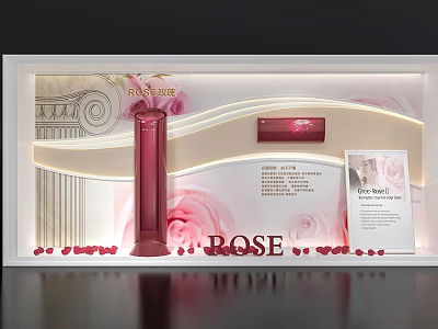 Rose Themed Showcase With Red Bottle Pink Rose Patterns White Background And Lighting Decor 3d model