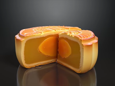 Delicious Moon Cake Cut in Half Showing Double Yolk and Golden Crust 3d model