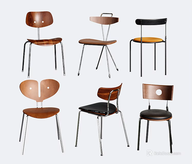Modern Dining Chairs With Wood Metal Frames And Unique Backrest Designs 3d model