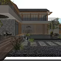 Modern Chinese Courtyard Garden Design With Wooden Structures Stone Pathways Plants And Outdoor Seating