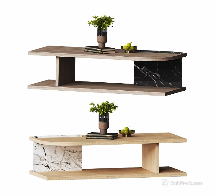 Modern Coffee Table Design With Wooden And Marble Elements Plants Books And Fruits 3d model 