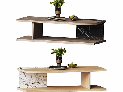 Modern Coffee Table Design With Wooden And Marble Elements Plants Books And Fruits 3d model