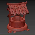 Garden Ornament Well Structure With Red Tiled Roof Wooden Frame And Stone Base
