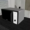 Modern Kitchen Microwave Oven Placed On Dark Wooden Table With Window Blinds And Wall Art