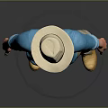 Man Wearing Blue Shirt Beige Pants And Hat With Yellow Shoes On Gray Platform