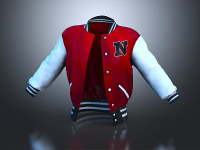 Red and White Baseball Jacket With N Letter Logo White Sleeves And Black Trim 3d model