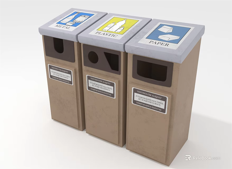 Three Compartment Recycling Trash Bins With Color Coded Labels For Waste Sorting 3d model 