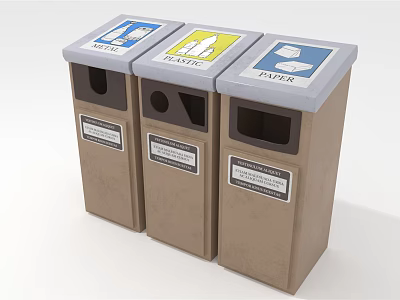 Three Compartment Recycling Trash Bins With Color Coded Labels For Waste Sorting 3d model