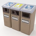 Three Compartment Recycling Trash Bins With Color Coded Labels For Waste Sorting