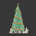 Green Christmas Tree With Golden Decorations Star On Top And Gift Boxes