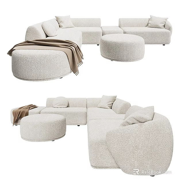 Beige Sectional Sofa With Round Ottoman Soft Pillows And Cozy Blanket 3d model