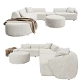 Beige Sectional Sofa With Round Ottoman Soft Pillows And Cozy Blanket 3d model