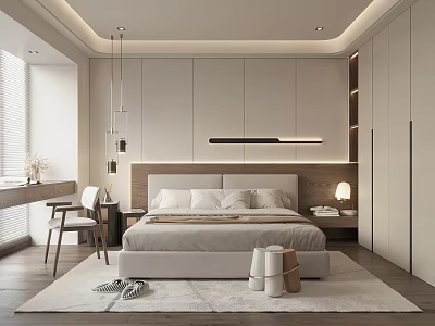 Modern Bedroom Interior With Large Bed Wooden Headboard Built In Wardrobes And Pendant Lights 3d model