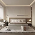Modern Bedroom Interior With Large Bed Wooden Headboard Built In Wardrobes And Pendant Lights