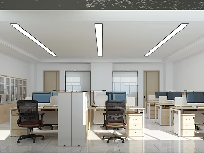 Bright Modern Public Office Space With Desks Computers Office Chairs And Linear Ceiling Lights 3d model