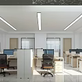 Bright Modern Public Office Space With Desks Computers Office Chairs And Linear Ceiling Lights 3d model