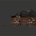 Ancient Wooden Cart Structure With Black Round Containers And Wooden Wheels