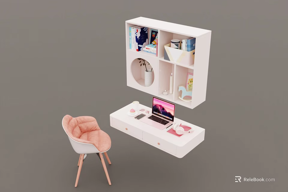 White Vanity Table Setup With Pink Chair Laptop And Wall Cabinet Decorations 3d model 