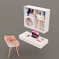 White Vanity Table Setup With Pink Chair Laptop And Wall Cabinet Decorations