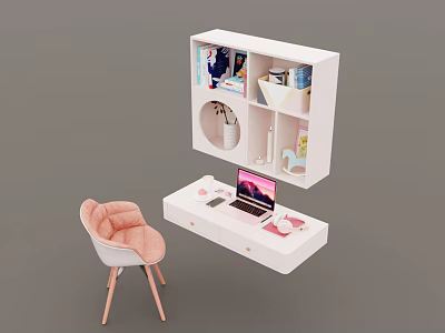 White Vanity Table Setup With Pink Chair Laptop And Wall Cabinet Decorations 3d model