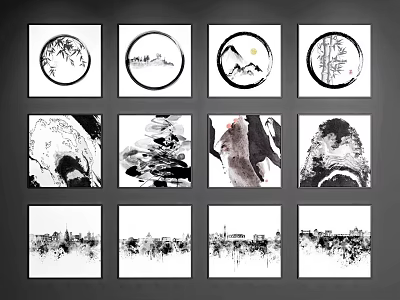 Black and White Chinese Ink Landscape Paintings Framed as Wall Decor with Nature Scenes 3d model