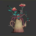 Artistic Sculpture Vase with Red Flowers Blue Leaves and Intricate Carving Details