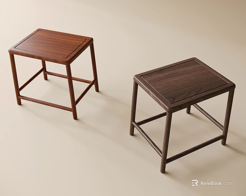 Two Wooden Square Stools With Different Tone Tabletop And Sturdy Frame Design 3d model