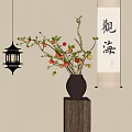 Traditional Bonsai Potted Plant With Red Fruits Lantern Calligraphy Scroll And Wooden Stand