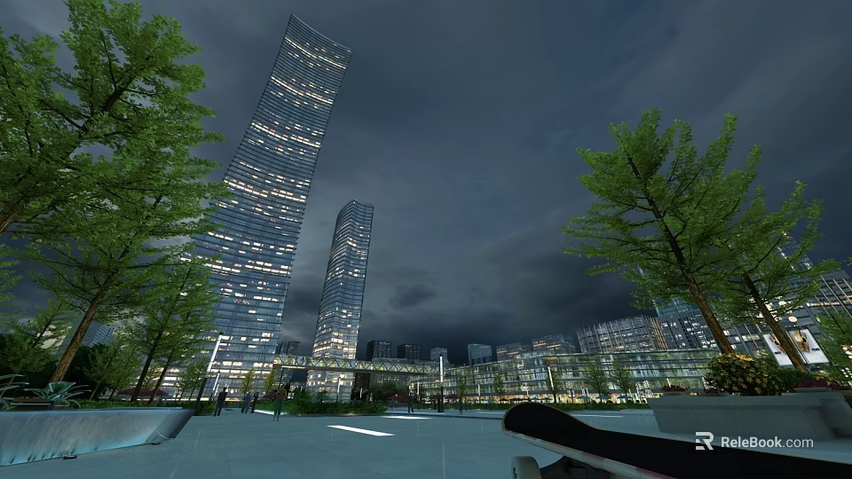 Urban Night Landscape With Illuminated Skyscrapers Green Trees And Open Square 3d model 