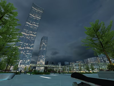 Urban Night Landscape With Illuminated Skyscrapers Green Trees And Open Square 3d model
