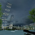 Urban Night Landscape With Illuminated Skyscrapers Green Trees And Open Square
