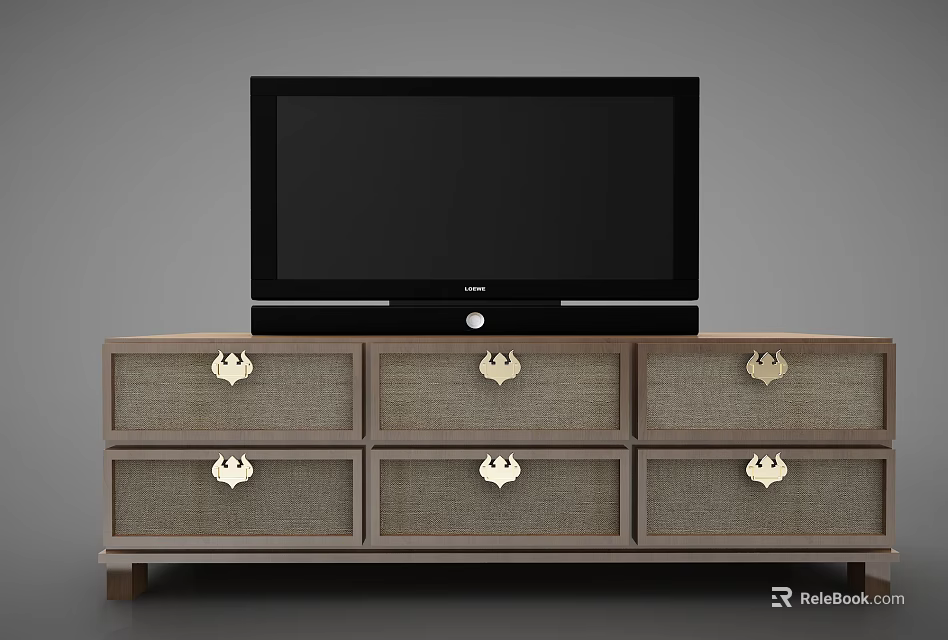 Wooden TV Stand With Fabric Panel Drawers And Metal Handles Holding Flat Screen TV 3d model 