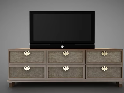 Wooden TV Stand With Fabric Panel Drawers And Metal Handles Holding Flat Screen TV 3d model
